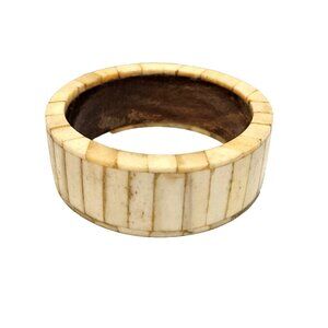 Vintage Boho Wood Base Cream Shell Bone Inlay Bangle Bracelet